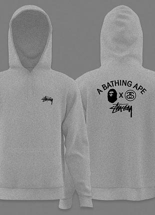 Худи stussy x a bathing ape на флисе s-xxl белое черное серое