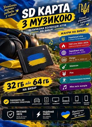 Флешка з музикою українські хіти на вибір | карта пам'яті 32- 64 gb з музикою