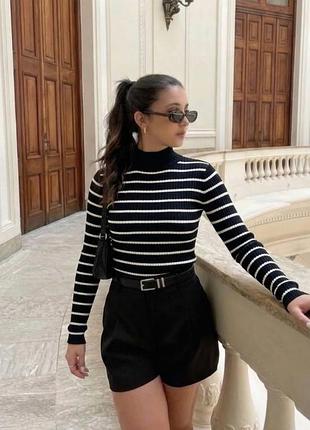 Кофта женская черная в белую полоску shein 🖤 укороченный лонгслив в рубчик 🖤 shein striped crop sweater 🖤 casual/basic 🖤 s  🖤 свитшот с высоким горлом