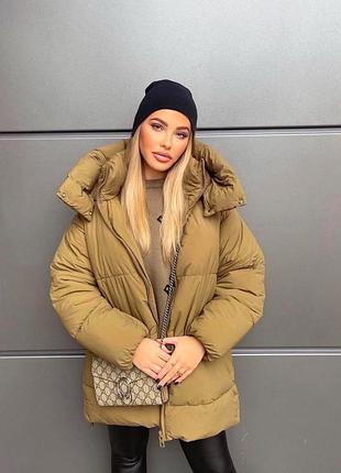 Жіноча куртка-пуховик zara хакі зимова дута з капюшоном