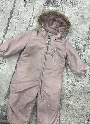 Дитячий суцільний комбінезон h&m рожевий у горох з капюшоном