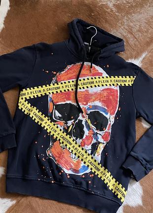 Худі philipp plein чорне з принтом черепа та написом caution