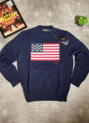 Свитер polo ralph lauren с флагом сша / мужской джемпер ральф лорен / брендовый синий кофта polo ralph lauren / теплый вязаный свитер ralph lauren