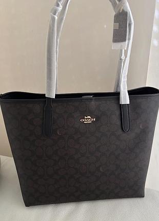 Сумка-шопер жіноча coach city tote велика коричнева з чорним