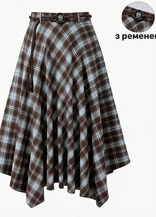 Жіноча спідниця міді у клітинку з ременем