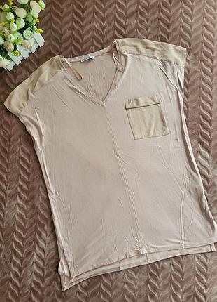 Удлиненная оверсайз-футболка zara пристально розовая летняя с карманом вискозная блуза