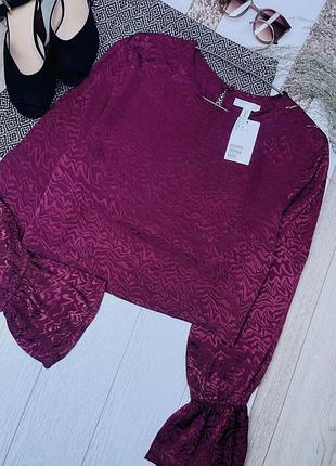 Нова бордова блуза l h&m пряма блуза жакардова сатинова блуза коротка з об’ємними рукавами