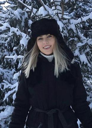 Чорна жіноча шапка вушанка штучне тепле хутро😍