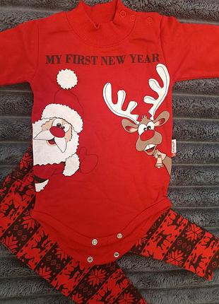 Дитячий новорічний комплект боді та штанці(+шапочка) my first new year червоний