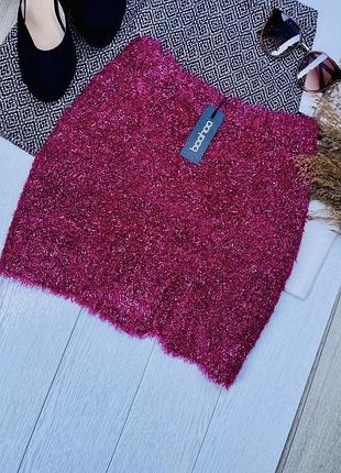 Нова в’язана спідниця boohoo l коротка спідниця рожева блискуча спідниця травичка з розрізом