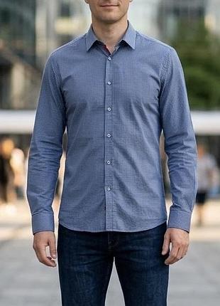 Рубашка мужская hugo boss slim fit синяя в клетку, размер m