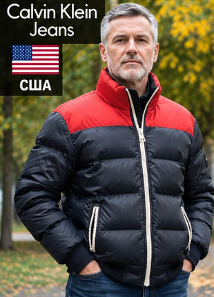 Чоловічий зимовий пуховик calvin klein jeans, тепла куртка, темно-синій із червоним, xl (52)