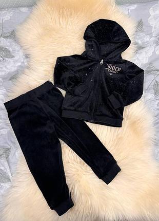 Дитячий велюровий костюм juicy couture з блискітками для дівчинки на 24 місяці зріст 86-92 см чорний костюм з блискітками на 1-2 роки костюм-двійка