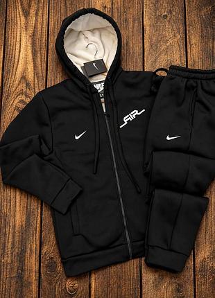 Чоловічий зимовий спортивний костюм nike чорний на флісі з хутром l (b)