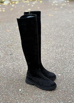 Жіночі високі чоботи з натуральної замші на хутрі чорні