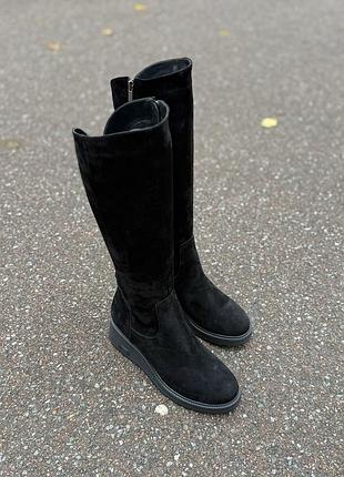 Жіночі чоботи з натуральної замші з хутряним утепленням чорні