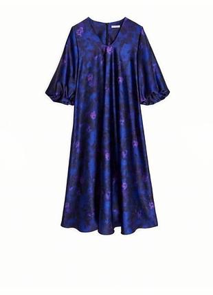 Сатинова сукня arket квітковий принт eu 44  l-xl міді сукня фіолетова міді-сукня пишними рукавами синя
