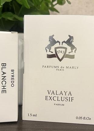 Набір пробників парфумів parfums de marly valaya exclusif та byredo blanche