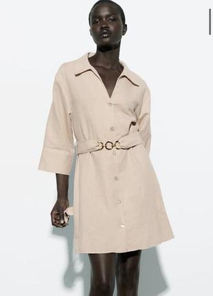 Коротка сукня-сорочка zara бежева з льону з поясом