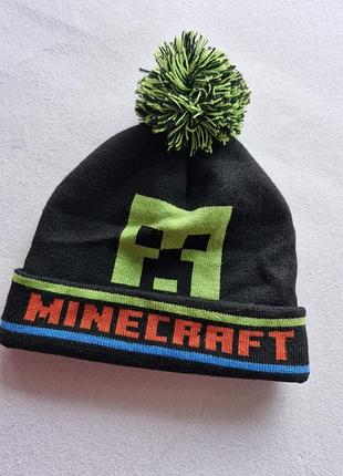 Шапка minecraft з помпоном та принтом кріпера чорно-салатова