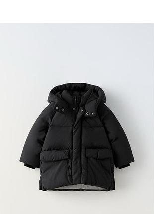 Чорний зимовий подовжений пуховик zara пух перо пуфер куртка зимова