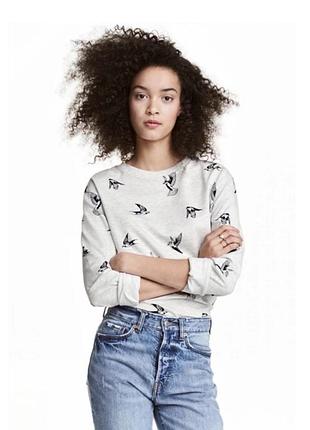 Жіночий лонгслів h&m сірий з принтом птахів