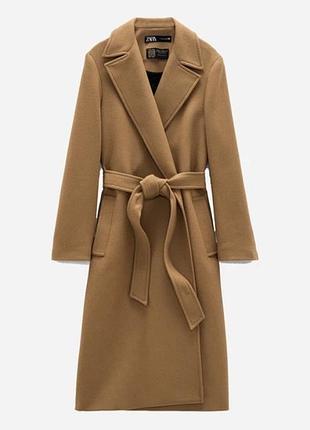 Пальто жіноче zara manteco бежеве на запах з поясом