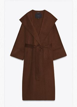 Шерстяное оверсайз пальто с капюшоном zara