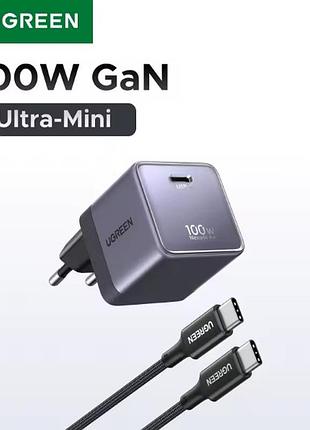 Зарядное устройство ugreen 100w ultra-compact gan (x880) usb-c + кабель grey – быстрая зарядка для ноутбуков и смартфонов