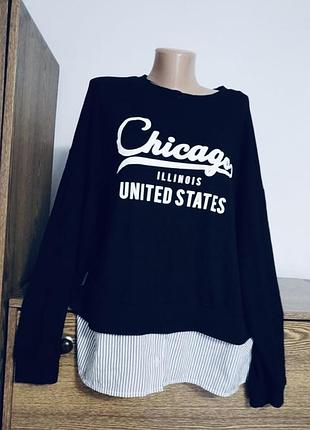 Жіночий реглан чорний з написом chicago та імітацією сорочки знизу