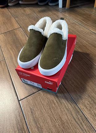 Сліпони жіночі puma хакі замшеві з хутром розмір 38.5