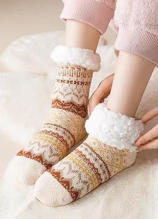 Зимние теплые носки махровые с утеплением бежевые one size 32-37р. 3656 антискользящие с орнаментом с мехом носочки мягочки носка для девочек