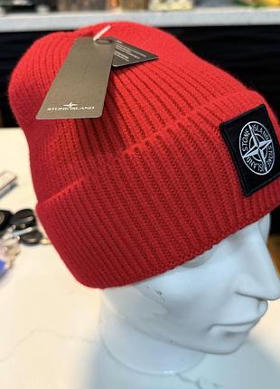 Stone island шапка зимова в’язана червона яскраво-червона з відворотом нова з бірками 56–58 см унісекс