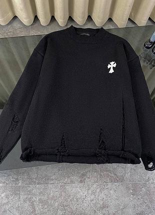 Чоловічий вʼязаний светр кофта chrome hearts чорний з рваностями