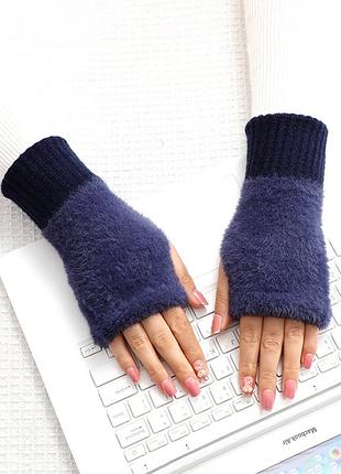 Митенки с мехом без пальцев синие one size 6833 пушистые мытенки нарукавники короткие демисезонные осень-зимние плюшевые варежки без пальцев мягкие