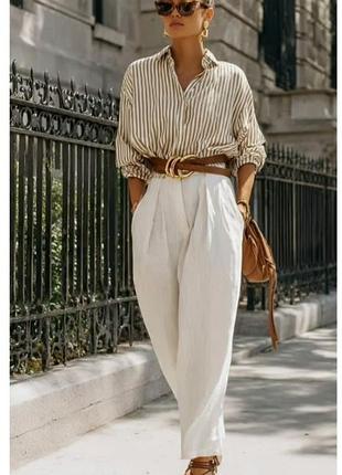 Льняные брюки zara момы / белые брюки-бананы из льна на лето базовые