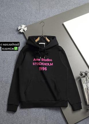 Оверсайз худі кофта acne studios чорна з рожевими пухнастими літерами