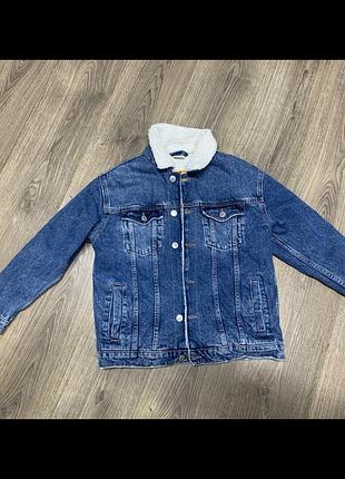Джинсова утеплена підліткова куртка синя з хутром zara
