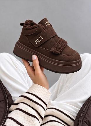 Черевики жіночі miu miu тедді коричневі замшеві на платформі