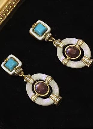 Сережки підвіски вінтаж з бірюзою аметистом та кристалами позолота 18k