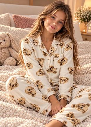 Піжама дитяча молочна m&s spencer bear з ведмедиками, 11–12 років, 146-152 см, плюшева