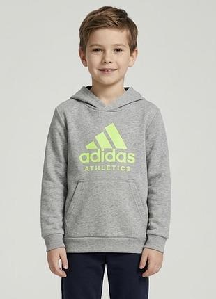 Спортивне худі adidas athletics (зріст 128 см, 8 років) сіре кенгуру з капюшоном та салатовим логотипом