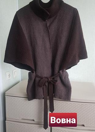 Вовняний кардиган коричневе пончо кейп жилетка з поясом nita