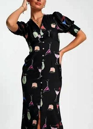 Сукня жіноча коктейльна never fully dressed lindos s максі з коротким рукавом на перламутрових гудзиках чорний яскравий принт
