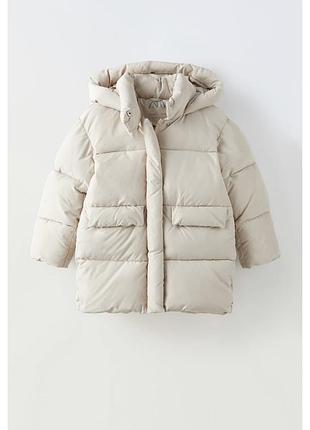 Пуховик zara стьобаний з капюшоном бежевий