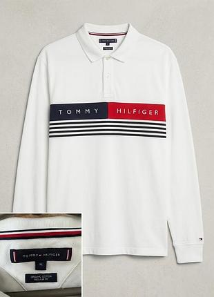 Чоловіче поло з довгим рукавом tommy hilfiger (розмір xl, regular fit) білий лонгслів з великим логотипом