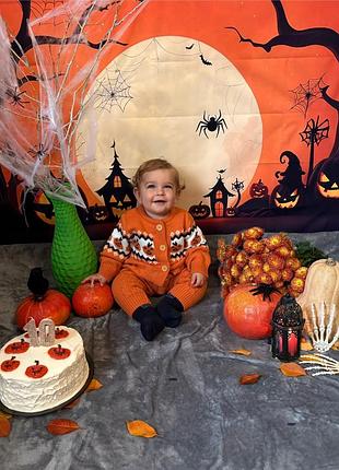 Ромпер для хлопчика помаранчевий з гарбузами та фотофон для хелловіну