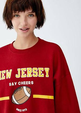 Вінтажний оверсайз світшот pull&bear new jersey (розмір m / 165/88y) бордовий свитшот з принтом та начісом