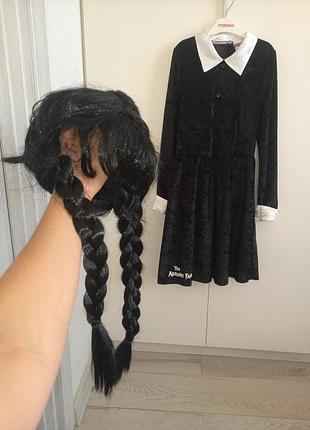 Карнавальний костюм венздей аддамс wednesday addams уенздей сукня плаття платье на хелловін гелловін перука з перукою коси для дівчинки 8-9-10 років