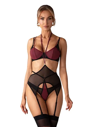 Parisel set obsessive комплект білизни чорний з бордовим